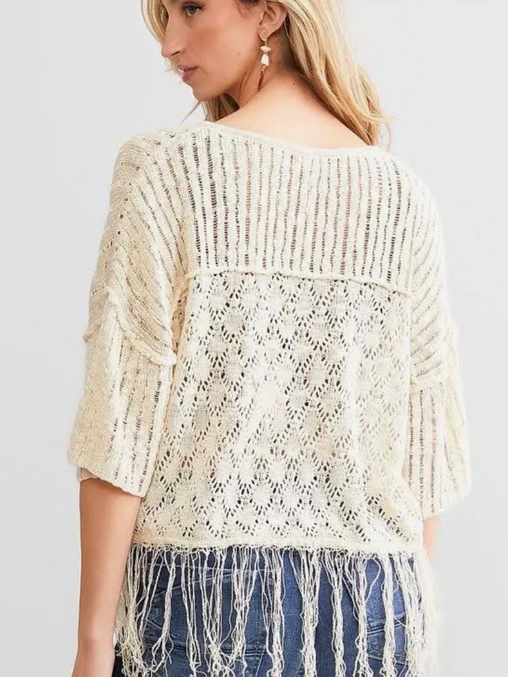 Miss Me Women's Acrylic Crochet Fringe Cropped Sweater - Picture 2 of 7